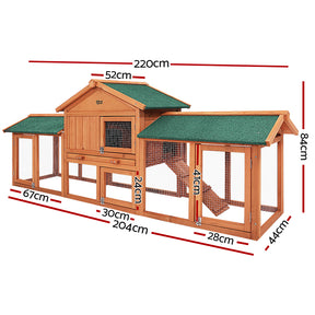 i.Pet Rabbit Hutch Chicken Coop Wooden Cage Pet Hutch 220cm x 52cm x 84cm