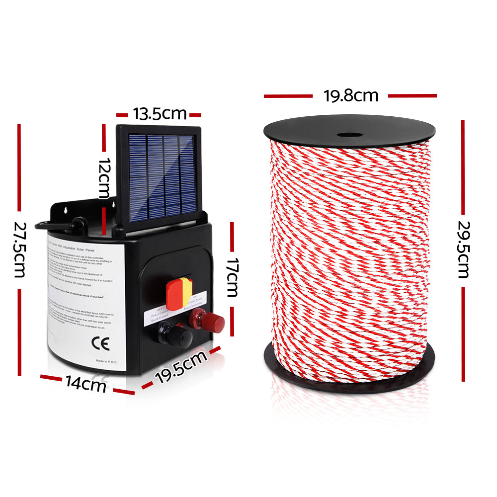 Giantz Electric Fence Energiser 5km Solar Powered Charger + 500m Rope