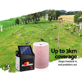 Giantz 3KM Solar Electric Fence Energiser Energizer 0.1J + 2000M Poly Fencing Wire Tape