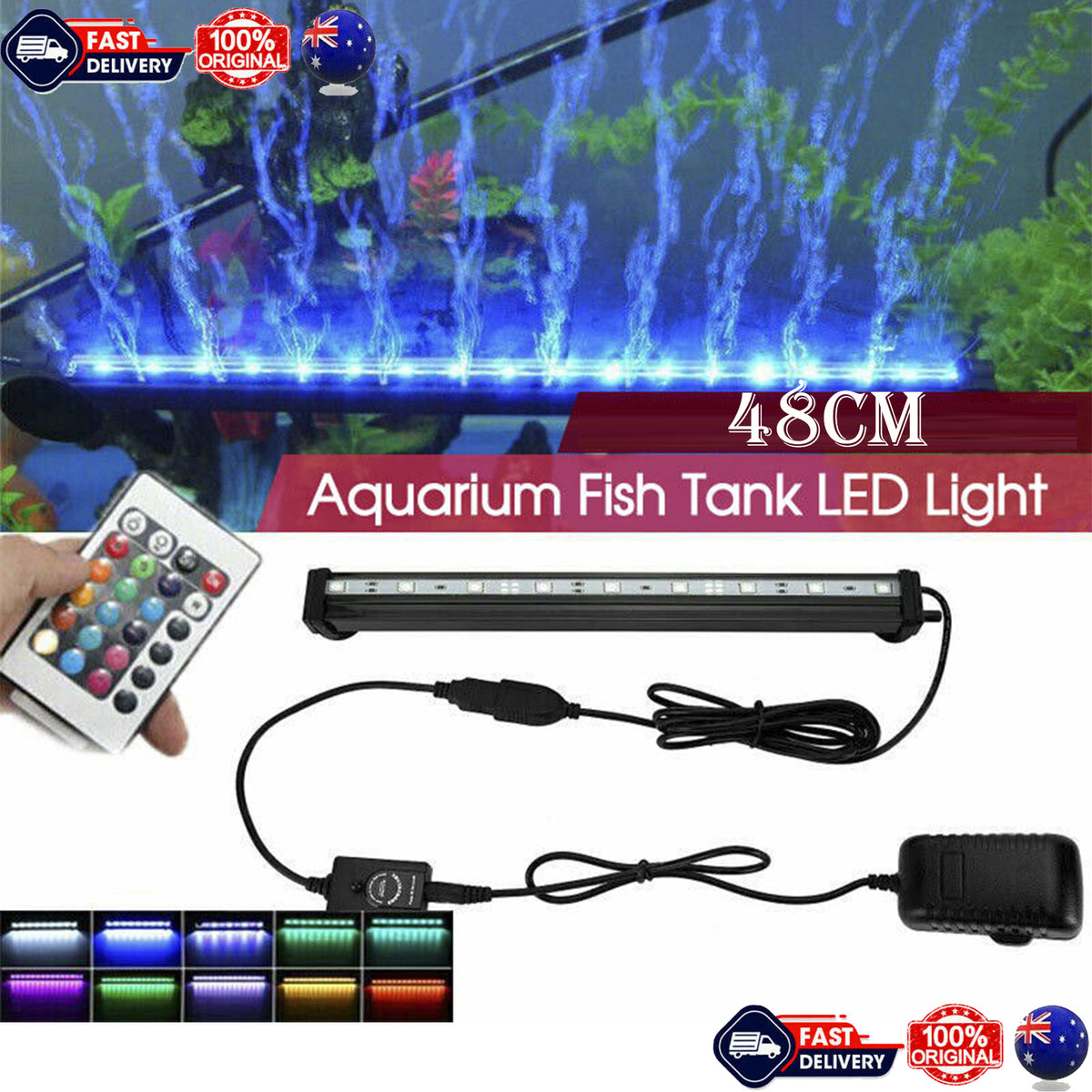 48cm LED Aquarium Lights Submersible Air Bubble RGB Light for Fish Tank Underwater