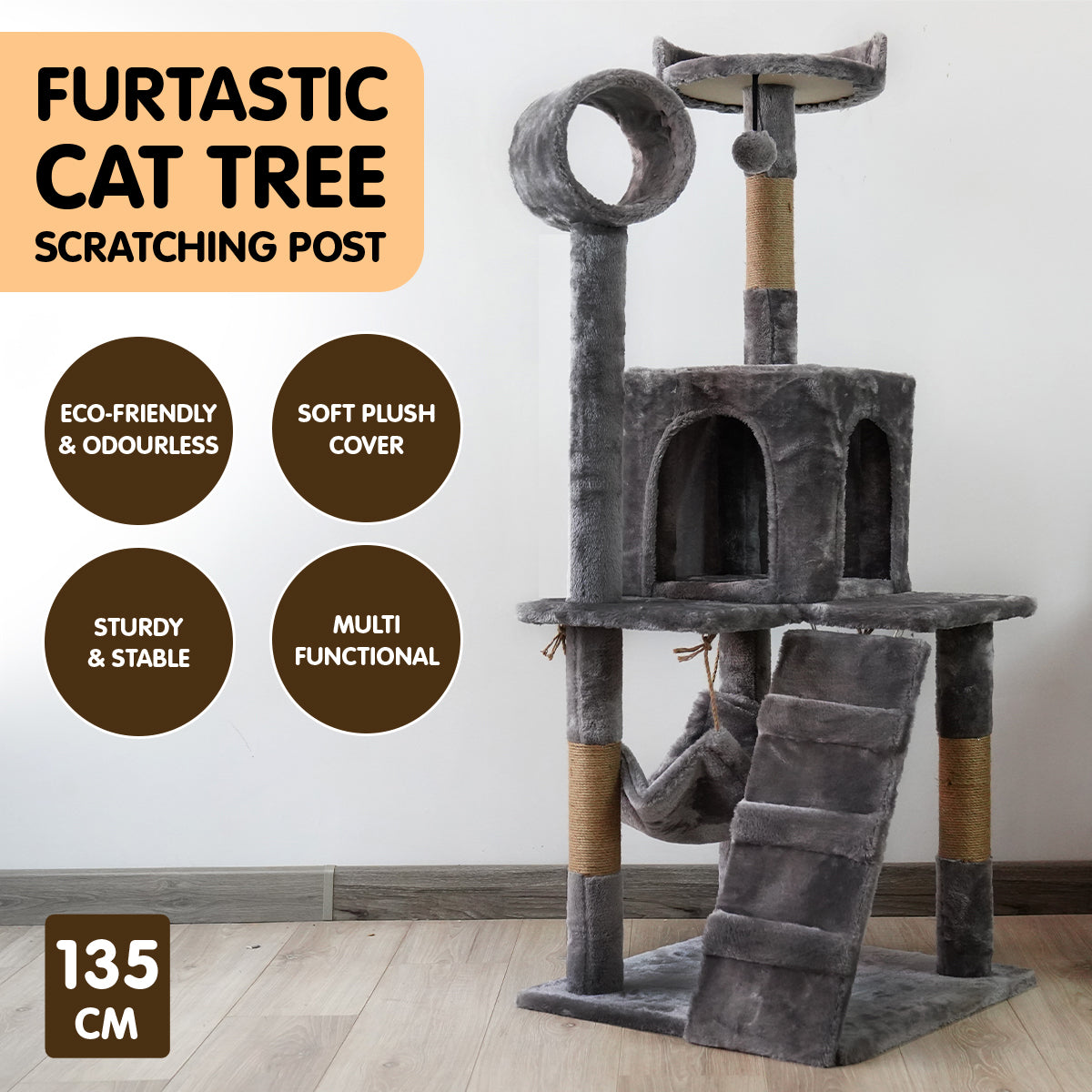Furtastic 135cm Cat Tree Scratching Post - Dark Grey