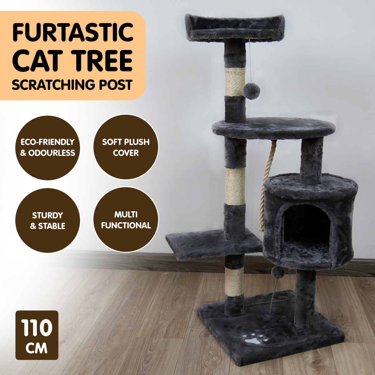 Furtastic 110cm Cat Tree Scratching Post - Dark Grey