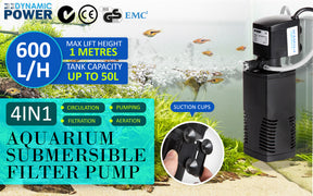Dynamic Power Aquarium Submersible Filter 600L/H 8W 1m Pond Pump
