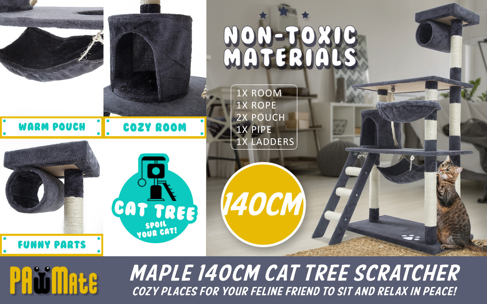 Paw Mate 140cm Grey Cat Tree Maple Multi Level Scratcher