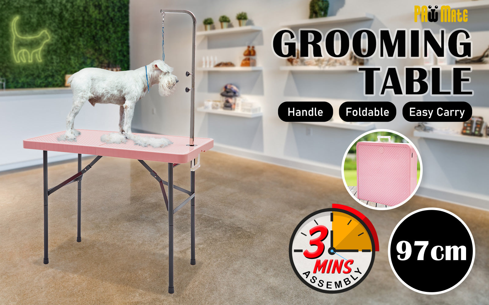 Paw Mat 97cm Pink Dog Cat Pet Grooming Salon Table Foldable Carry Height Adjustable