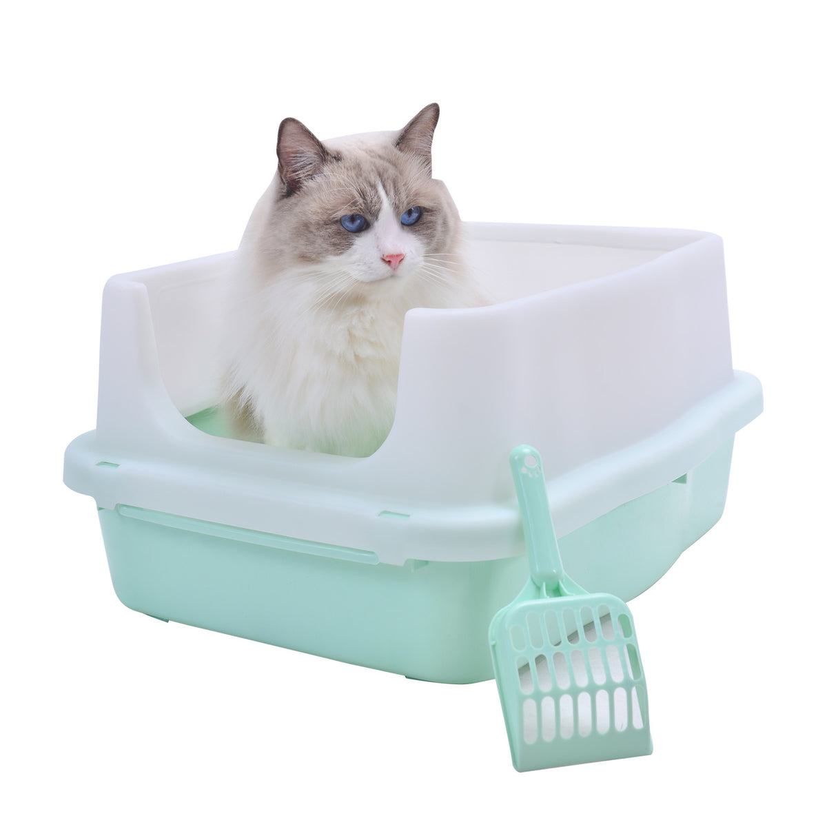 YES4PETS Large Deep Cat Kitty Litter Tray High Wall Pet Toilet Tray With Scoop Green