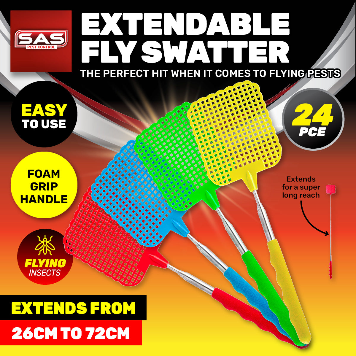 SAS Pest Control 24PCE Fly Swatter Extendable Handle Flexible Durable 26-72cm