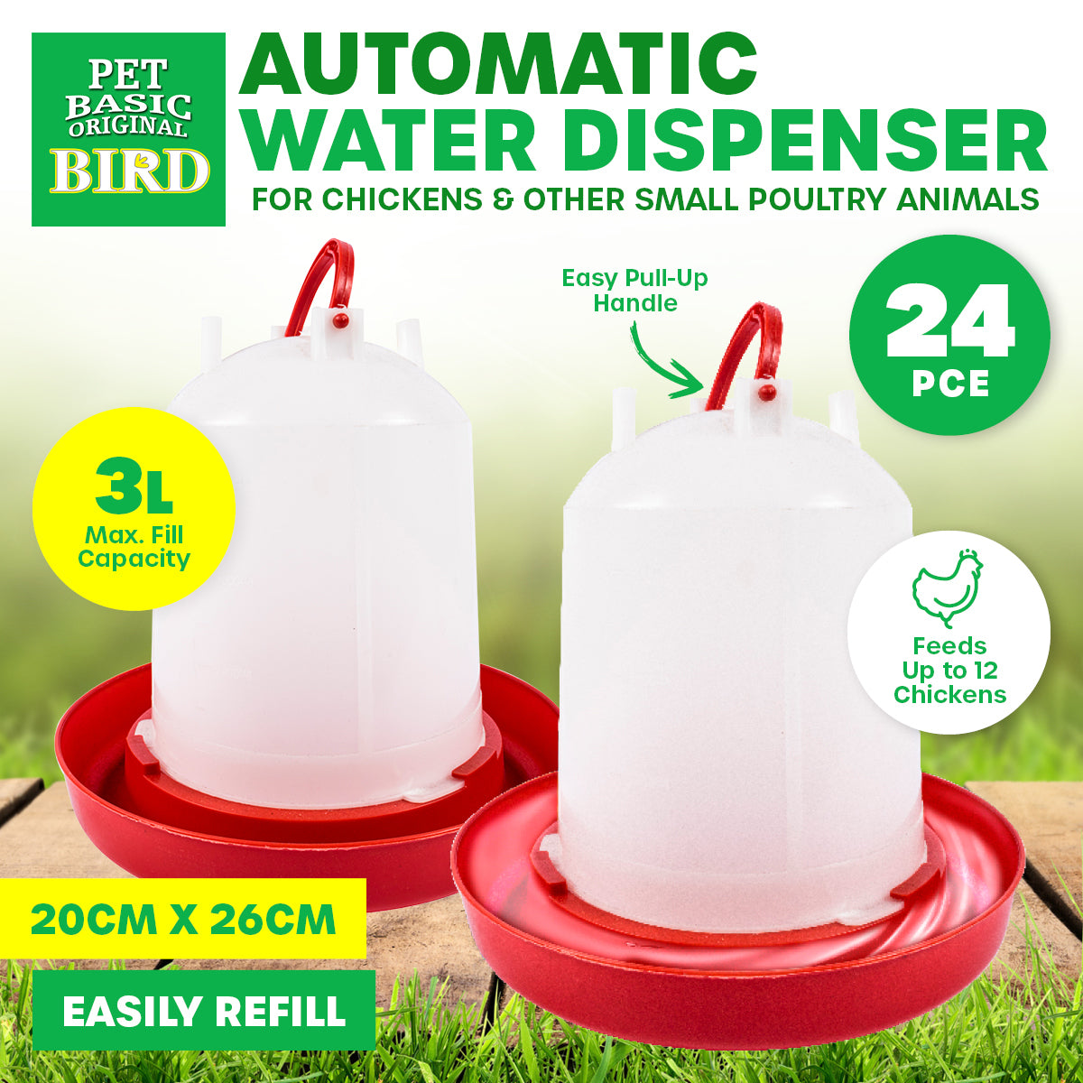 Pet Basic 24PCE Automatic Poultry Water Dispenser 3L Carry Handle 20 x 26cm