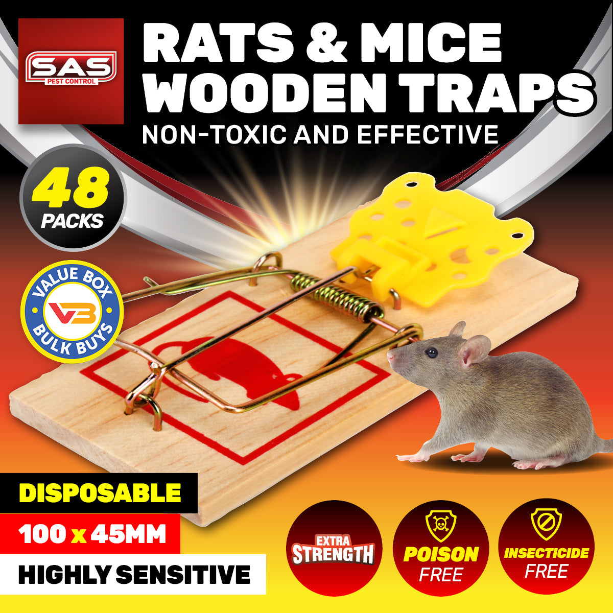 SAS Pest Control 48PCE Mice Rodent Traps Wooden Powerful Spring 10cm x 4.5cm