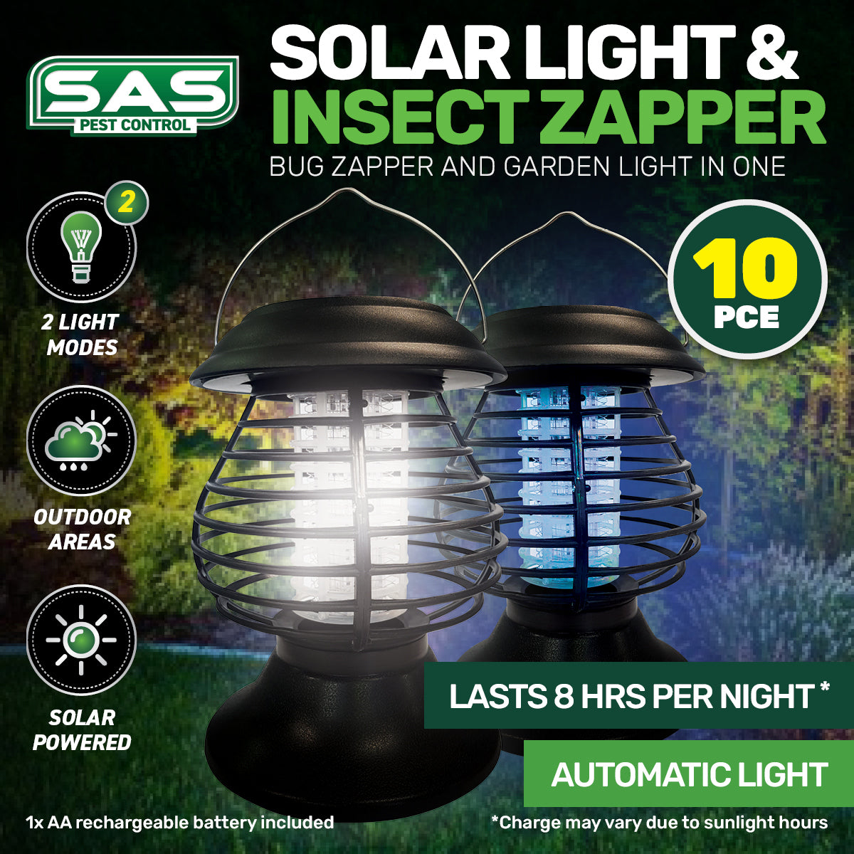 SAS Pest Control Solar LED Light/Insect Zapper Lanterns Recharging Battery