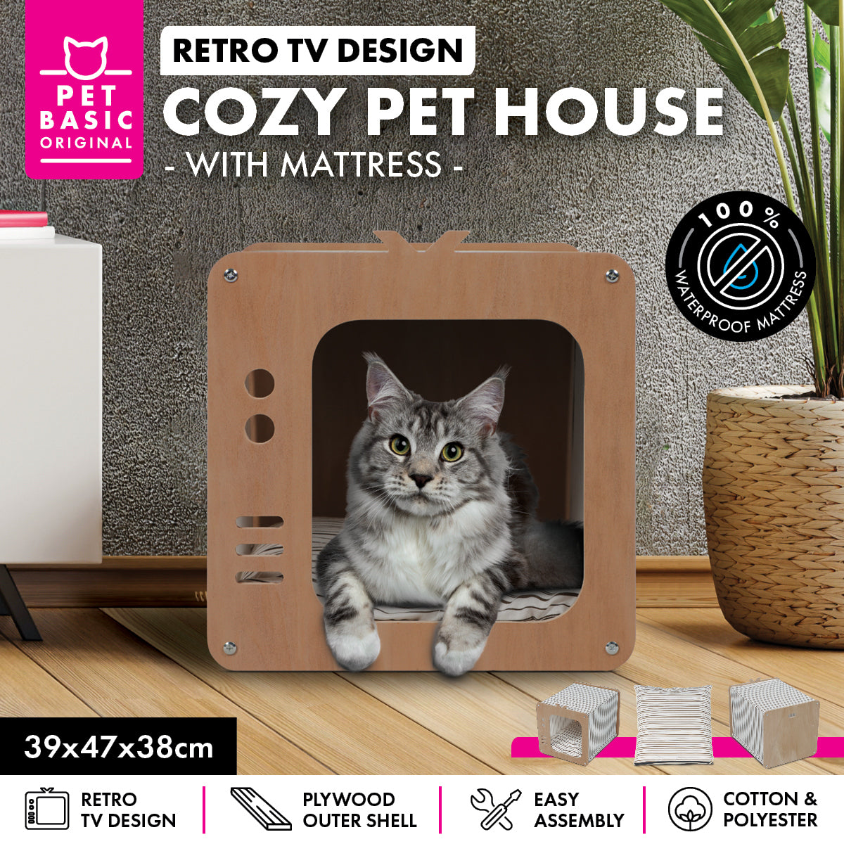 Pet Basic Retro TV Cozy Cat House Waterproof Mattress 39 x 47 x 38cm