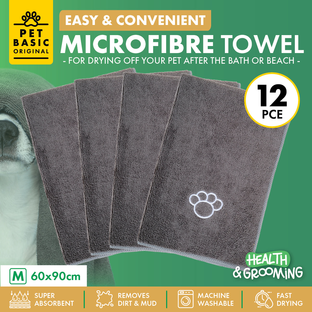 Pet Basic 12PCE Microfibre Towels Super Absorbent Fast Drying 60 x 90cm