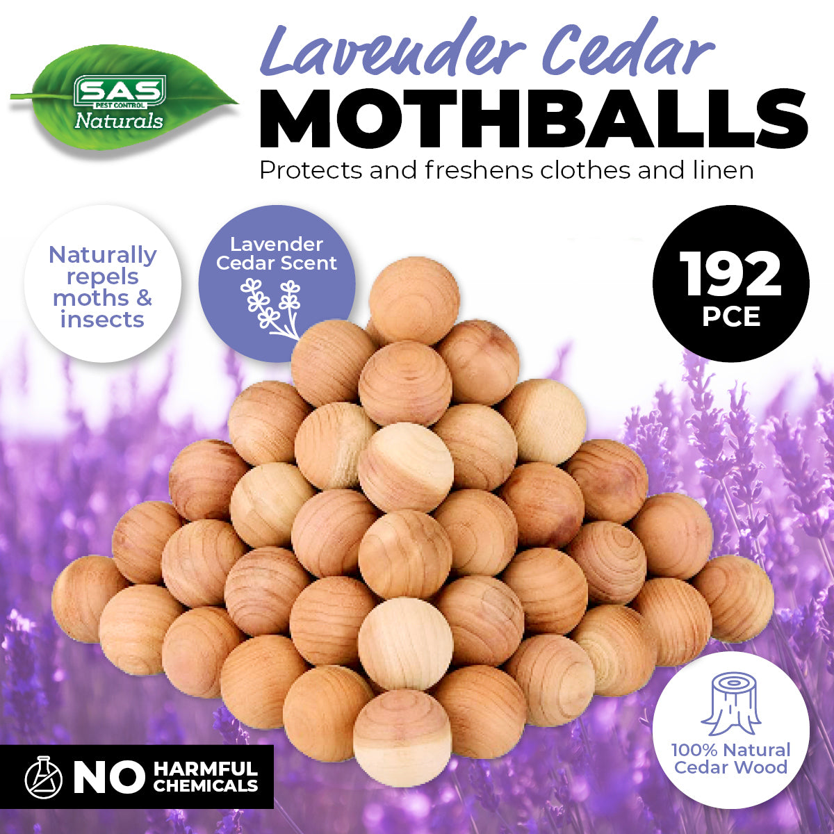 SAS Pest Control 192PCE Natural Cedar Mothballs Lavender Scented Repellant