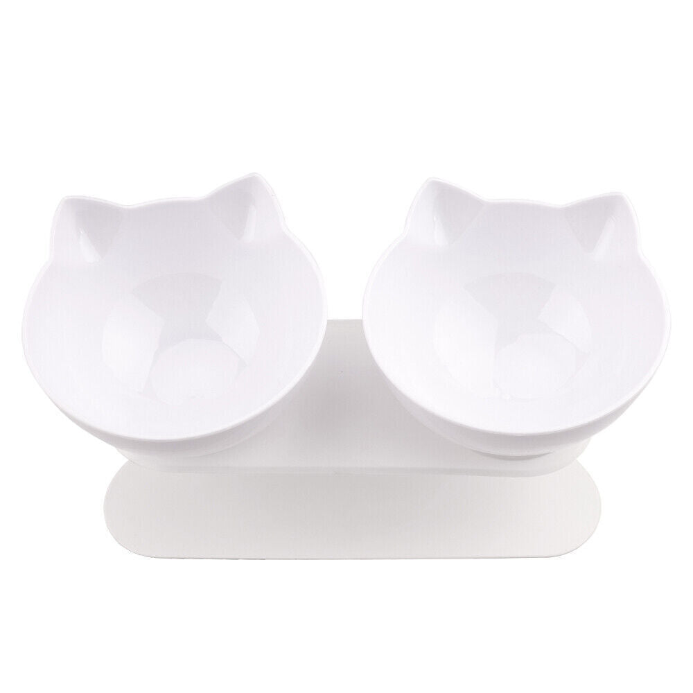 White Double Cat Bowl Pet Bowls Stand Dog Elevated Feeder Food Water Raised Lifted